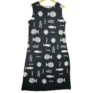 Vintage Arli All Over Ocean Fish Print Black and White Batik Tank Dress Large